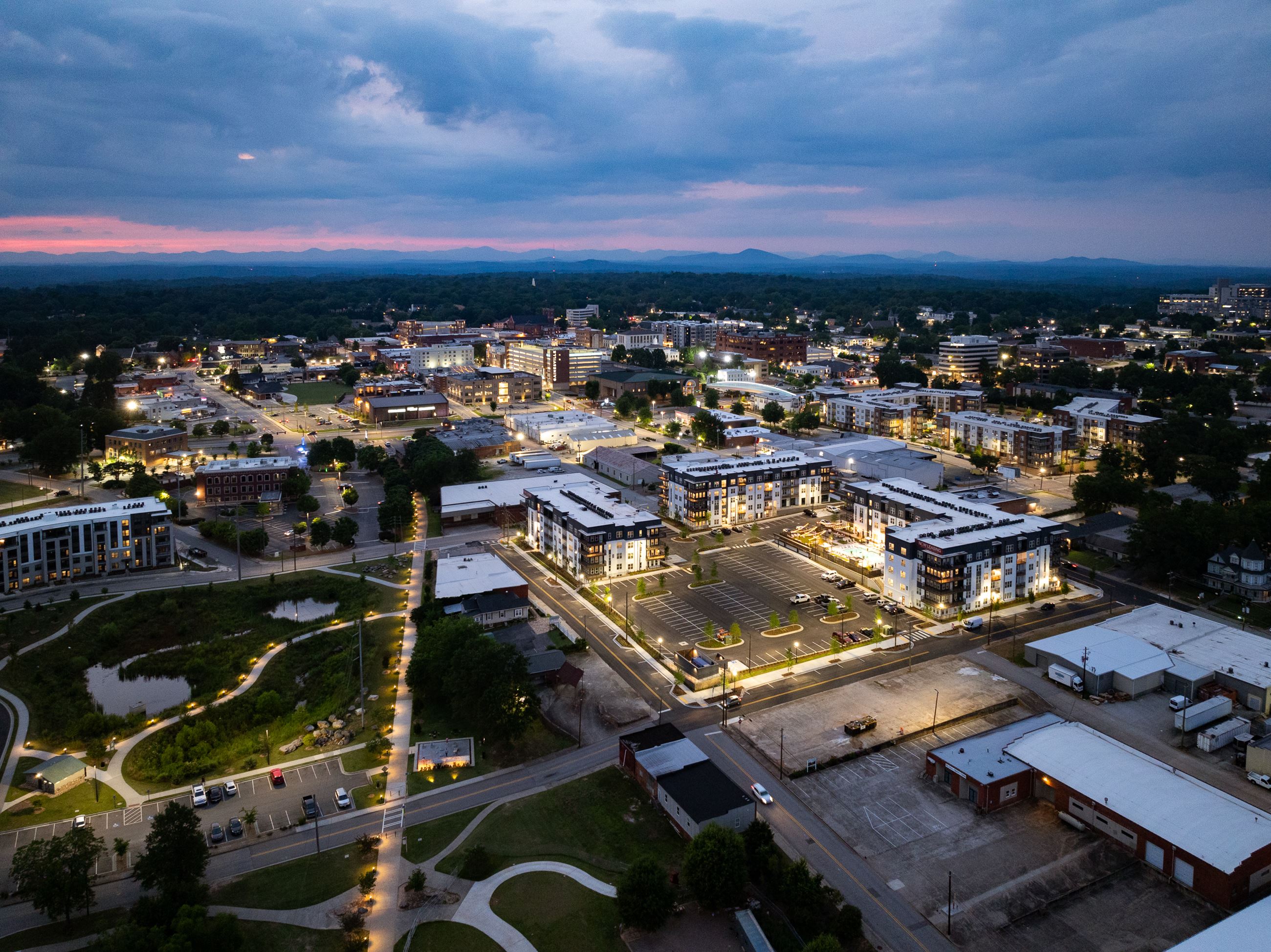 An aerial view of downtown Gainesville, Georgia at dusk
